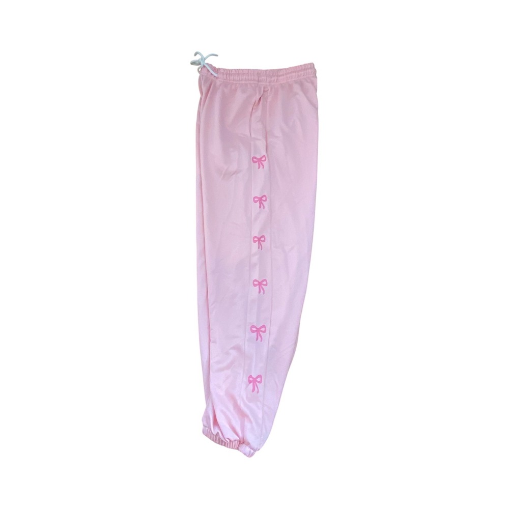 Pink Satin Bow Lounge Pants Drawstring Waist Elastic Bottoms Small